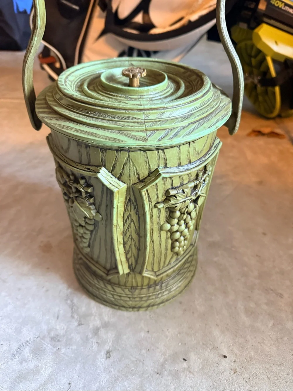 Vintage Carved Grape Motif Decorative Ice Bucket in Distressed Light Green
